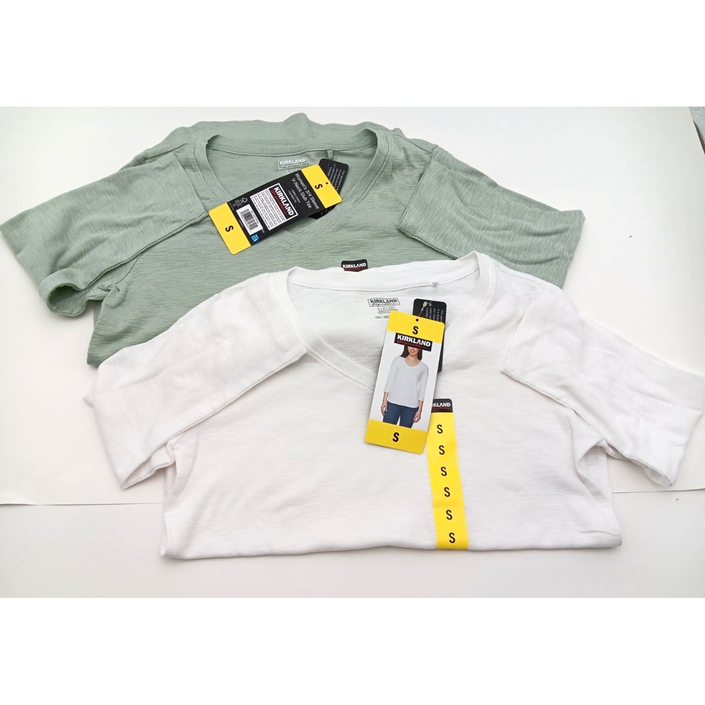 Kirkland Signature Women's V- Neck Slub Tee, White/Green 2-pk, Size Small, New
